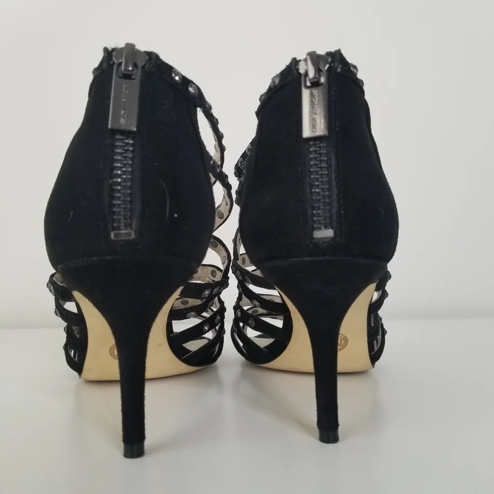 Michael Michael Kors Maddie Jeweled T-Strap Suede Peep Toe Heels Black Size 9